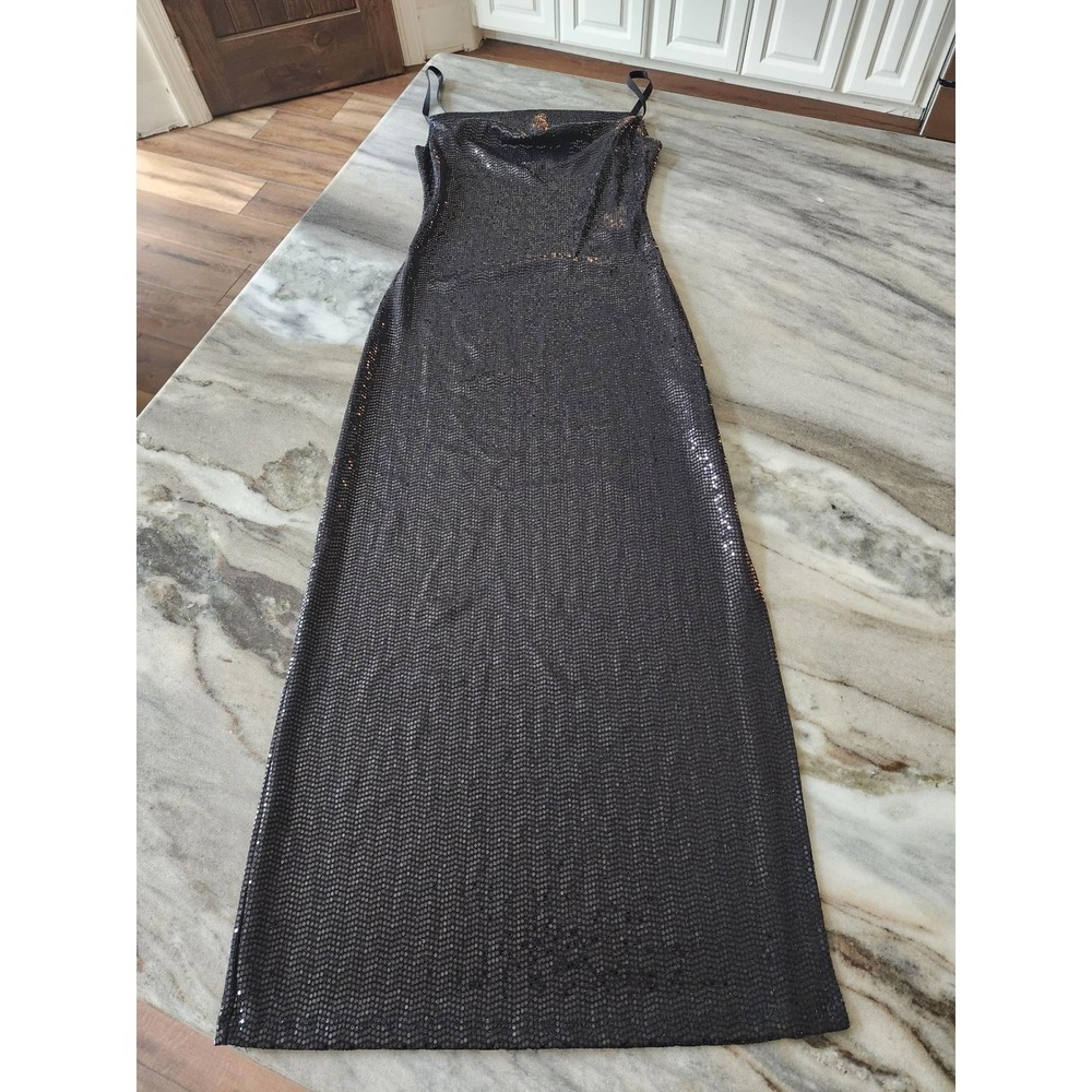 NWT Y2K Bebe Womens XS Black Metallic Cowl Neck Maxi Dress Sleeveless Slip